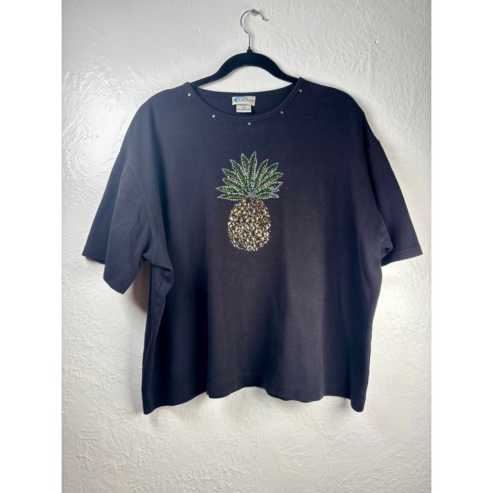 Las Olas Pineapple T-Shirt Women 3X Black Rhinestone Sequin‎ Psych Fruit Retro